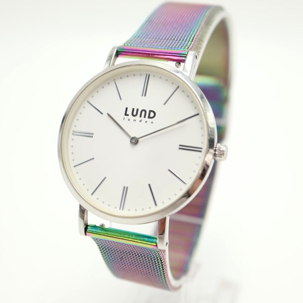 LUND London Iridescent Mesh Strap 39mm Minimal White Dial Watch w New Battery